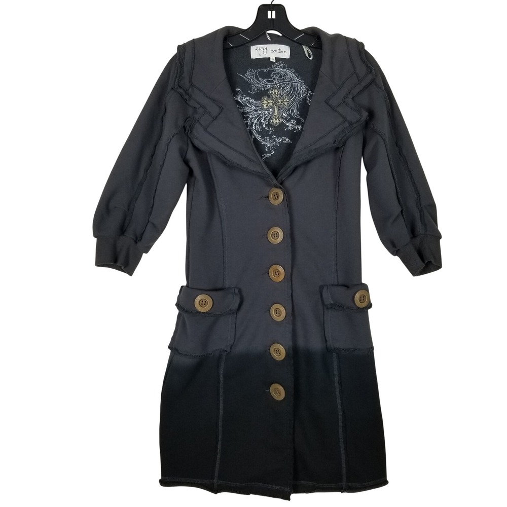Yag Couture Longline Jacket Womens M Black Gray Ombre Gothic Raw Seam JKJ4069